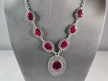 Womens Estate Sterling Silver Natural Ruby Pendant & Necklace