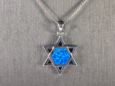 Sterling Silver Jewish Judaica Star of David Opal Pendant Necklace