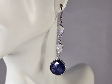 Womens Vintage Estate Sterling Silver Natural Sapphire Earrings