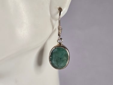 Womens Vintage Estate Sterling Silver Natural Emerald Earrings