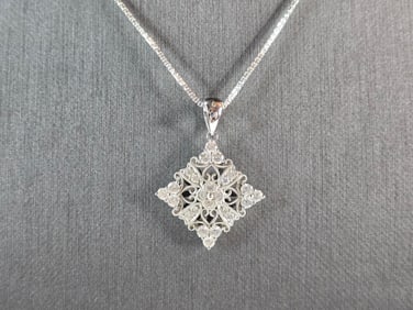 Womens Vintage Estate Sterling Silver CZ Pendant w/ Necklace