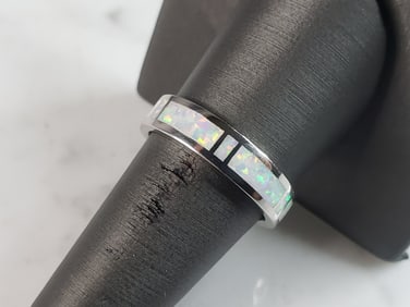 Womens Sterling Silver Modernist Opal Band Ring
