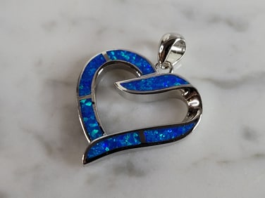 Womens Sterling Silver Blue Opal Heart Pendant