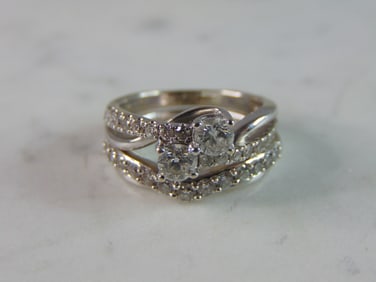 Womens Vintage Estate 14K White Gold Diamond Engagement Ring Set