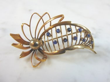 Womens Vintage Estate 18K Gold Sapphire Brooch