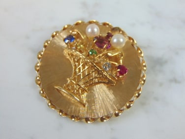 14K Yellow Gold Birthstone Basket Brooch