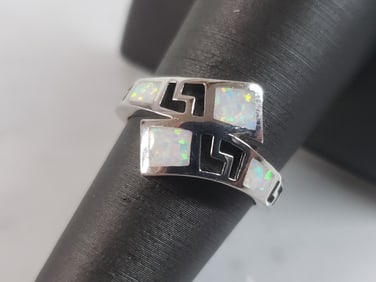 Womens Sterling Silver Modernist Greek Key Opal Ring