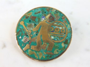 Womens Vintage Sterling Silver Enamel Aztec Brooch