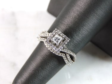 Womens Vintage Estate 14K White Gold Diamond Engagement Ring Set