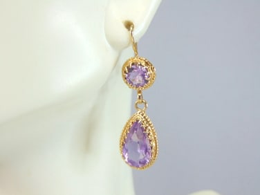 Pr Womens Vintage Estate 14K Gold Amethyst Earrings