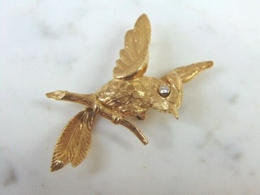 Womens Vintage Estate 14K Gold Diamond Bird Brooch