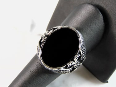 Mens Vintage Estate Sterling Silver Onyx Eagle Ring