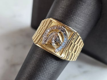 Mens Vintage Estate 14K Yellow & White Gold Horseshoe Ring