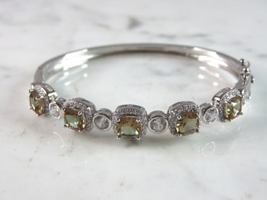 Womens Vintage Estate Sterling Silver Citrine CZ Bangle Bracelet