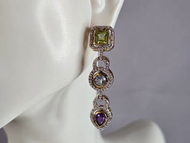 Womens Vintage Estate Sterling Silver Multi Stone Dangle Earrings