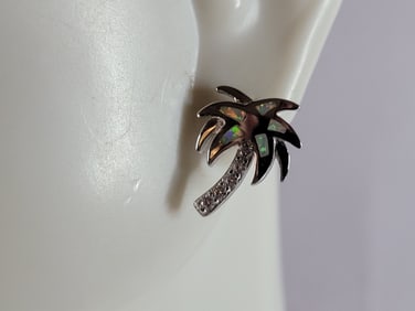 Womens Sterling Silver Modernist Opal Palm Tree Earrings