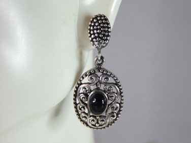 Womens Vintage Estate Sterling Silver Onyx Earrings