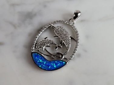 Womens Sterling Silver Blue Opal Dolphin Pendant