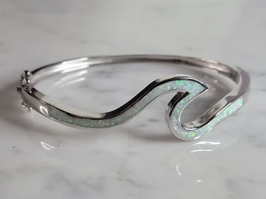 Womens Sterling Silver Modernist Opal Wave Bangle Bracelet