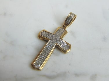 Vintage Estate 10k Yellow Gold Diamond Religious Cross Pendant