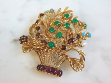 Vintage Estate 14K Gold Floral Brooch w/ Gemstones