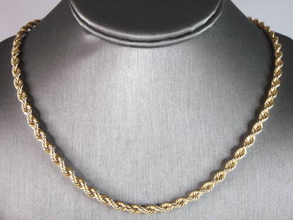 Mens Vintage Estate 14K Yellow Gold Rope Necklace: FOR SALE IS THIS MENS VINTAGE ESTATE 14K YELLOW GOLD ROPE NECKLACE THAT MEASURES 21 1/2" LONG BY ABOUT 1/4" WIDE. THE NECKLACE WEIGHS 39.2g. THIS WOULD MAKE A GREAT GIFT FOR THAT SPECIAL SOMEONE. ANY