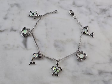 Womens Sterling Silver Opal Dolphin Turtle Crab Charm Bracelet