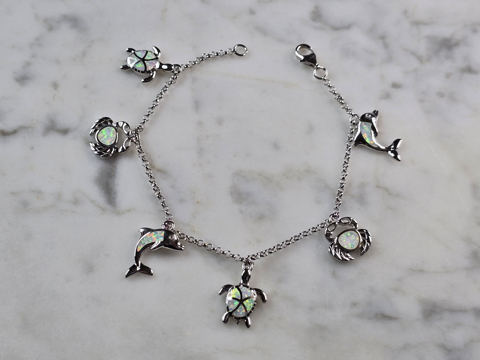 Womens Sterling Silver Opal Dolphin Turtle Crab Charm Bracelet (1 of 4)