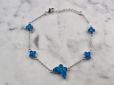 Womens Sterling Silver Blue Opal Butterfly Charm Bracelet