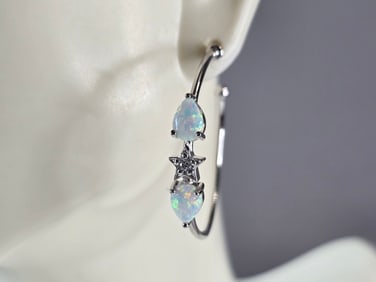 Womens Sterling Silver Modernist Opal Star Hoop Earrings