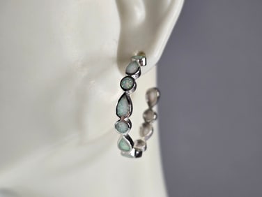 Womens Sterling Silver Modernist Opal Hoop Earrings
