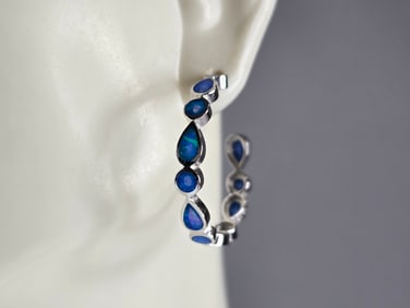 Womens Sterling Silver Modernist Blue Opal Hoop Earrings