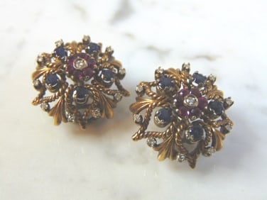 Womens Vintage Estate 18K Gold Multi Stone Earrings