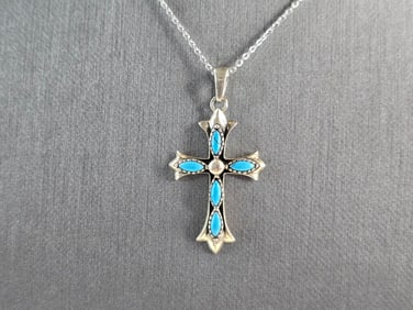Womens Vintage Sterling Silver Turquoise Cross Pendant Necklace