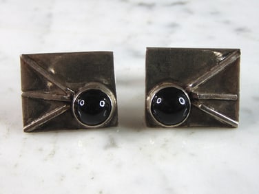 Mens Vintage Estate Sterling Silver Modernist Onyx Cufflinks