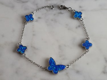 Womens Sterling Silver Blue Opal Butterfly Bracelet