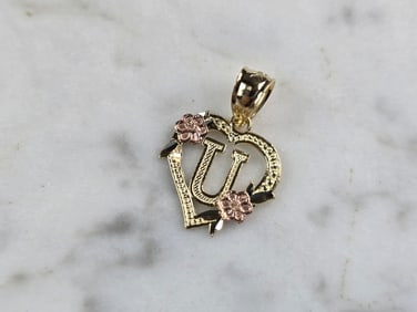 Womens 10K Yellow & Rose Gold Initial Letter " U "  Heart Pendant
