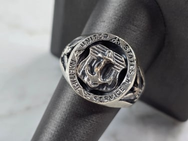 Mens Vintage Estate Sterling Silver US Maritime Service Anchor Ring