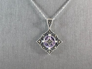Womens Estate Sterling Silver Art Deco Amethyst Pendant Necklace