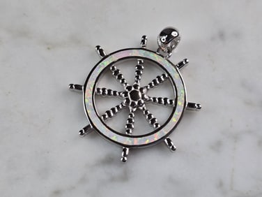 Womens Sterling Silver Opal Maritime Ship Wheel Pendant