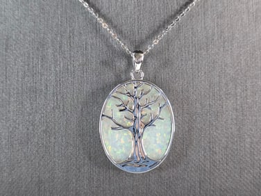 Womens Sterling Silver Opal Tree of Life Pendant Necklace