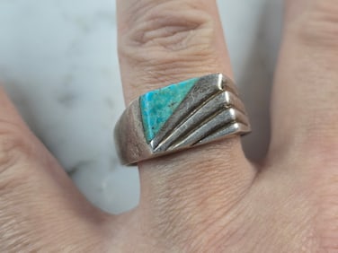 Mens Vintage Estate Sterling Silver Turquoise Modernist Ring