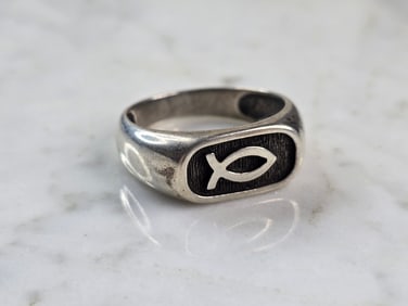 Mens Vintage Estate Sterling Silver Christian Jesus Fish Ring