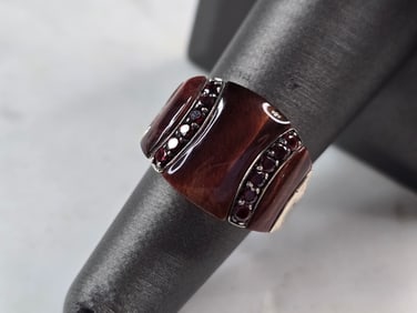 Womens Vintage Sterling Silver Modernist Tigers Eye Garnet Ring