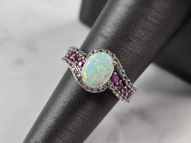 Womens Vintage Estate Sterling Silver Opal Pink Sapphire Ring
