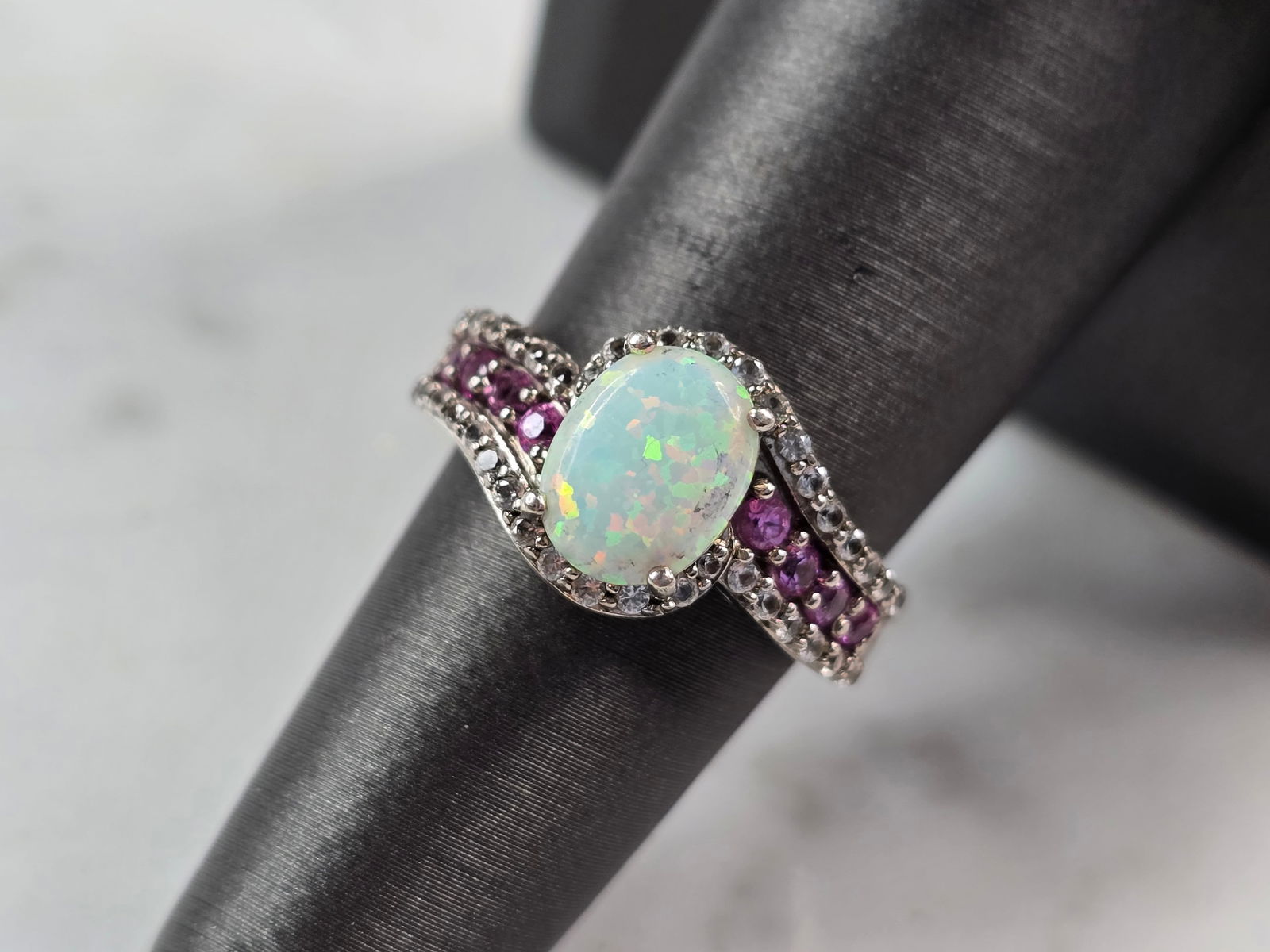 Womens Vintage Estate Sterling Silver Opal Pink Sapphire Ring (1 of 5)
