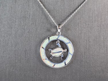 Womens Sterling Silver Opal Sea Turtle Pendant Necklace