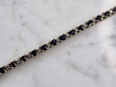 Womens Vintage Estate 10K Gold Sapphire & Diamond Tennis Bracelet