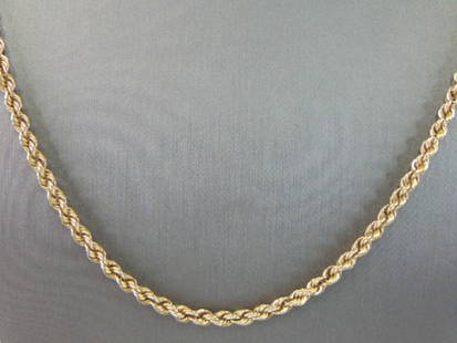 Heavy Vintage Estate 14K Gold Rope Necklace: FOR SALE IS THIS HEAVY VINTAGE ESTATE 14K YELLOW GOLD ROPE NECKLACE THAT MEASURES 23" LONG BY ABOUT 1/8" WIDE. THE NECKLACE WEIGHS 25.4g. THIS WOULD MAKE A GREAT GIFT FOR THAT SPECIAL SOMEONE. ANY QUE