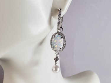Womens Estate Sterling Silver Opal Earrings